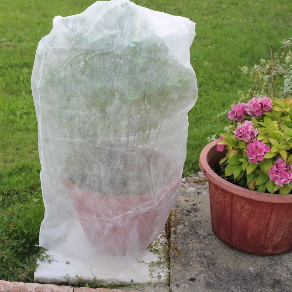 tube fleece over pot plant on patio